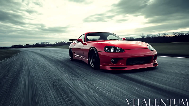 Sleek red sports car glides along a winding track at speed