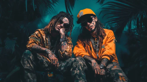 Urban duo in neon jungle lighting embody cinematic street style