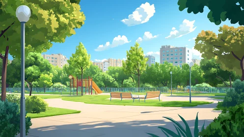 Sunlit urban park playground under clear summer sky.