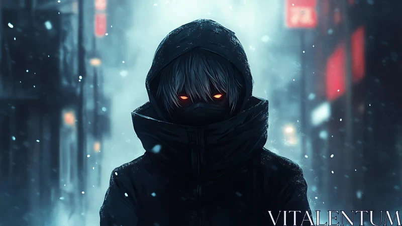 Hooded figure with glowing eyes stalks a neon winter alley.
