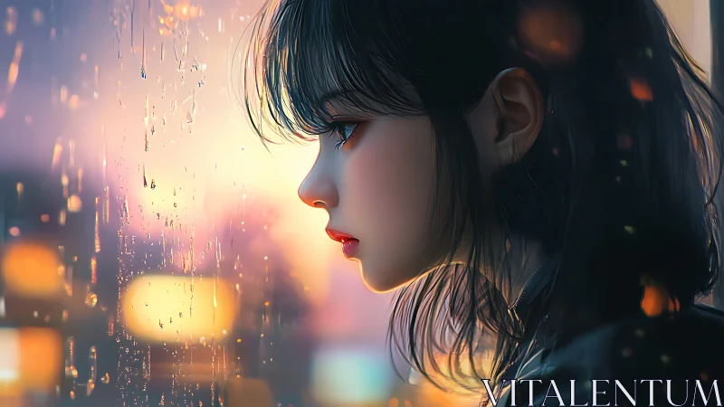 Girl looks out rainy window at blurred city lights