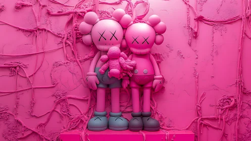 Pink toy figures against textured monochrome wall.
