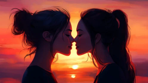 Two women share an intimate sunset moment in warm light