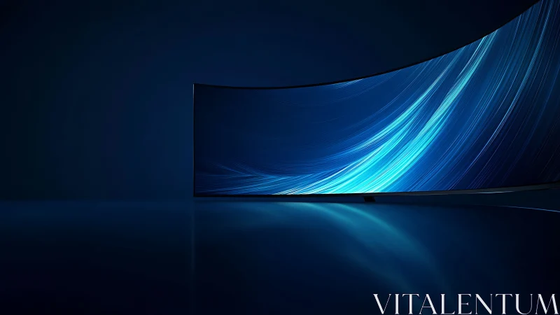 Curved ultrawide display with abstract blue light trails.