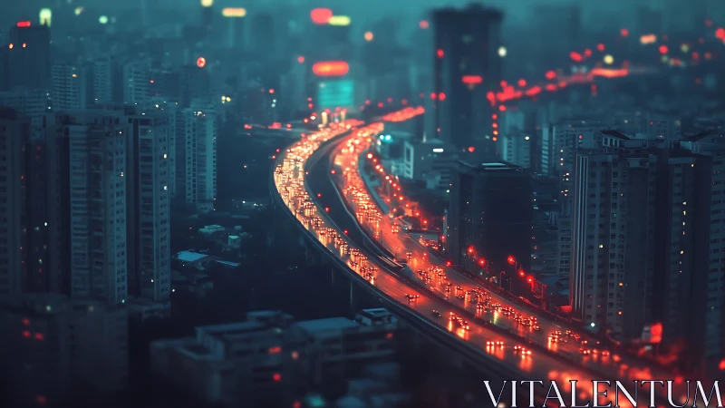 Nocturnal expressway cuts through neon-soaked highrise grid.