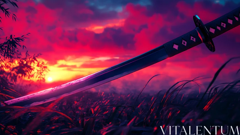 Sunglow sky leans into a katana’s poised twilight whisper