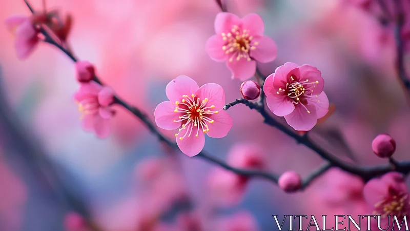 Pink Cherry Blossoms with Selective Focus and Golden Stamens