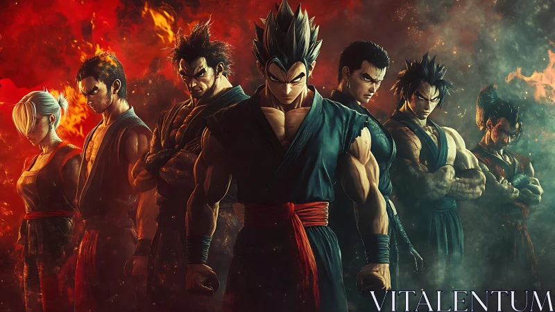 Fierce martial squad framed by roaring elemental firestorm.