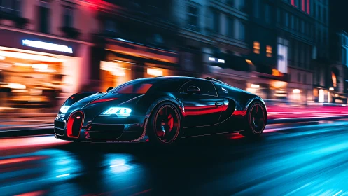 Black supercar races through neon lit city street at night.