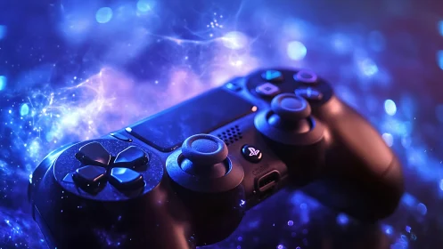 Cosmic game controller drifting through neon starlight.