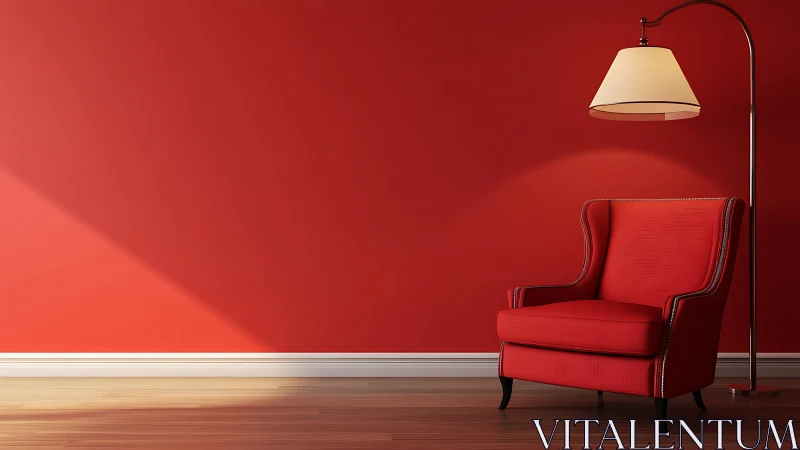 Cozy red reading corner with chair, lamp, and warm light.