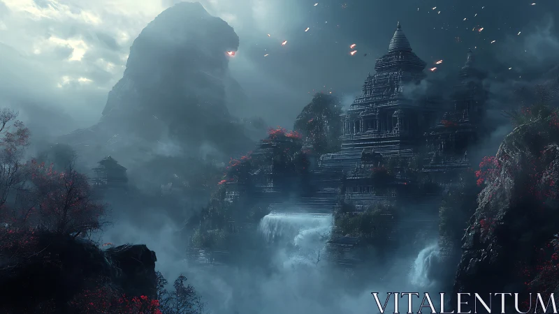 Stormlit temple citadel beneath the slumbering stone colossus.