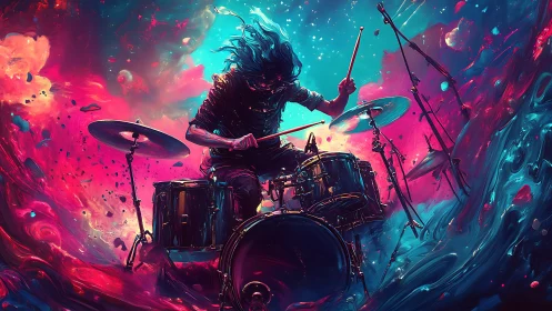 Starlit drummer detonates color storms across the void