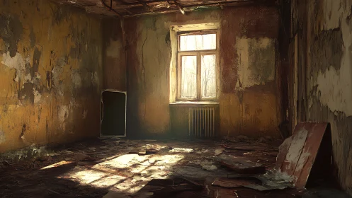 Sunlit window illuminates deteriorated interior surfaces
