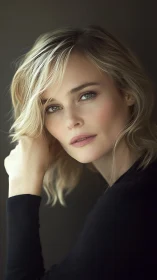 Close-up portrait of blonde woman in soft natural light.