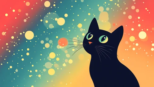 Black Cat with Luminescent Eyes Against Gradient Light Field