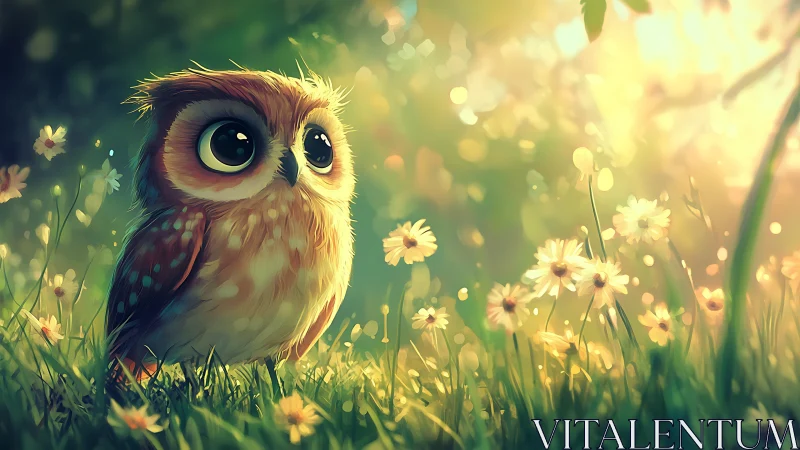 Adorable Cartoon Owl in Sunlit Meadow With Daisies, Soft Fantasy Style.