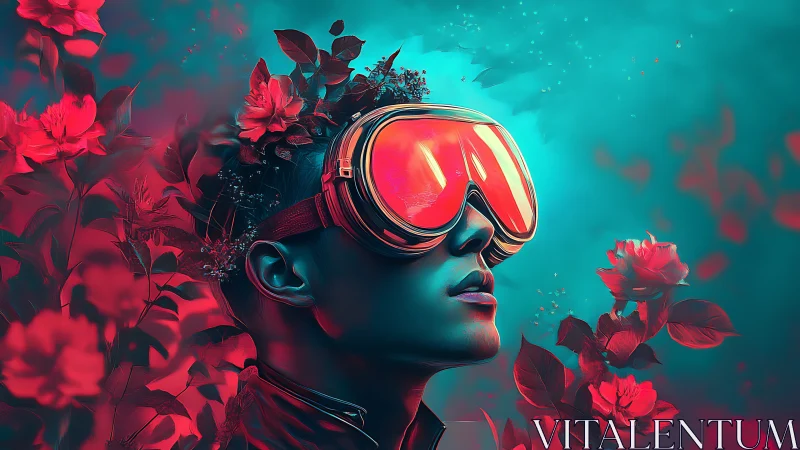 Person with visor surrounded by red flowers in teal mist.