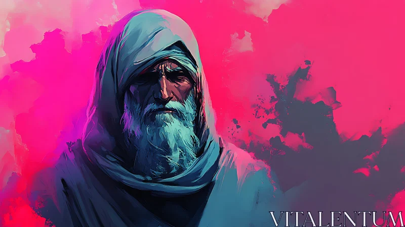 Elder in teal robes stands against vivid pink sky backdrop.