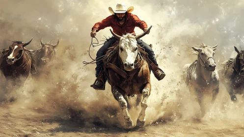 Cowboy riding bull through dust with running cattle herd.