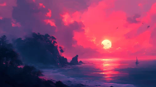 Vivid digital seascape with glowing pink sunset sky.