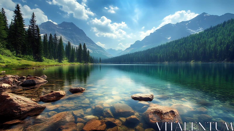 Mountain lake reflects pine forests under bright summer sky.