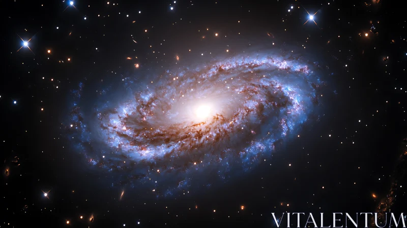Spiral galaxy core emits high-intensity light amid blue star fields