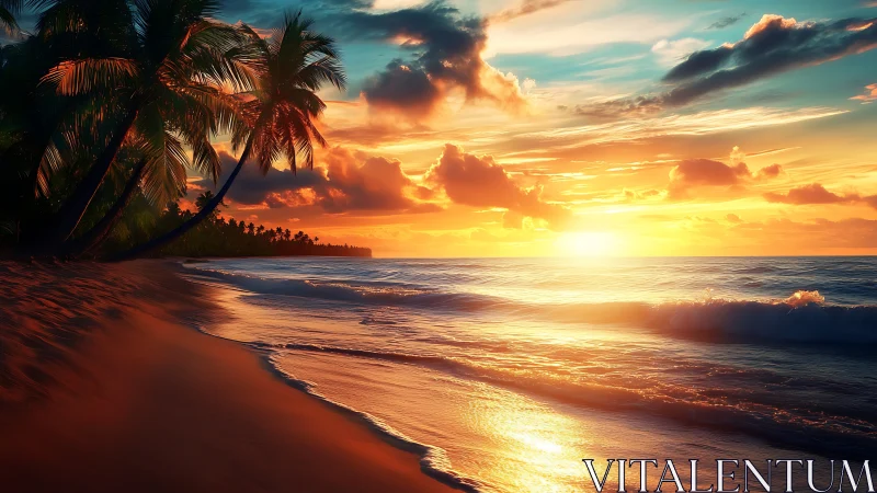 Tropical shoreline ignites under vivid sunset light.