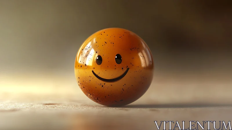 Smiling amber glass sphere under soft studio lighting.