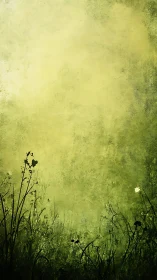 Textured verdant gradient with silhouetted wildflower foreground.