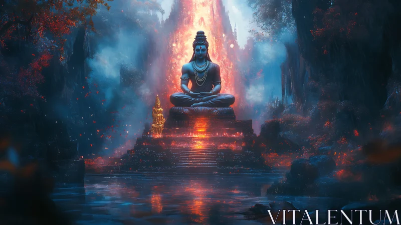 Volcanic sanctum with monumental meditative deity in glowing equilibrium.