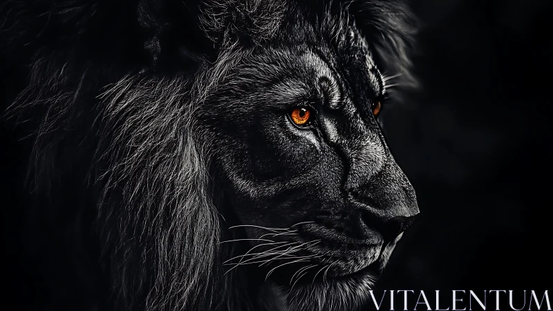 Regal black lion gazes outward with burning amber eyes.