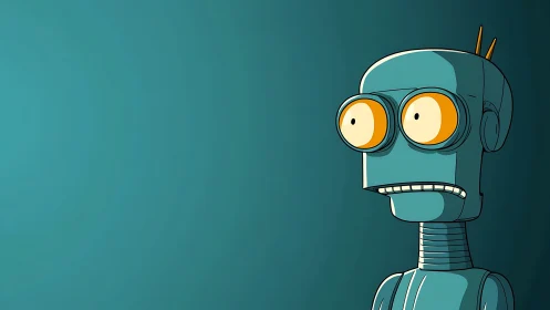 Cartoon teal service robot with shocked expression on teal field