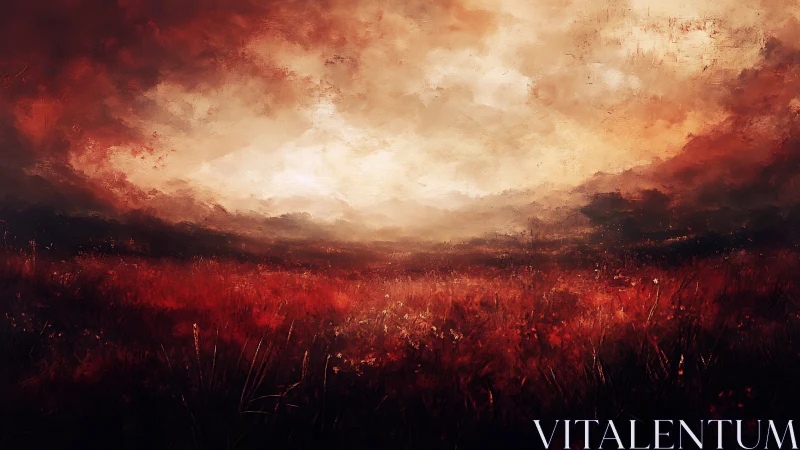 Red grassland under dense clouded sky at distant horizon.