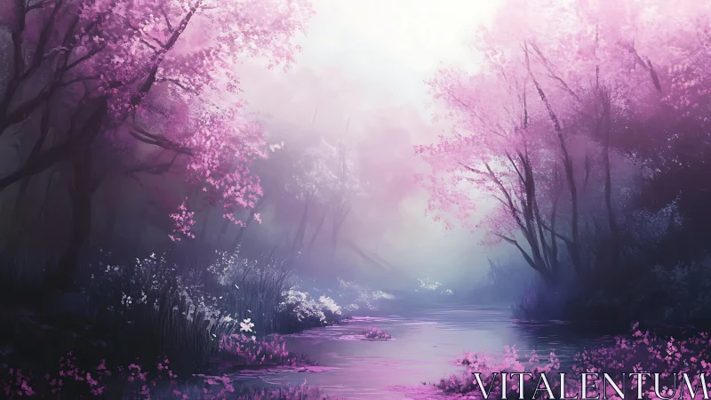 Enchanted Riverside Blooms in Misty Pink Light