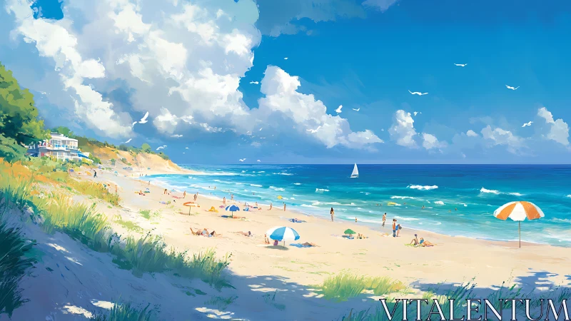 Sunlit seaside beachscape under towering summer clouds.