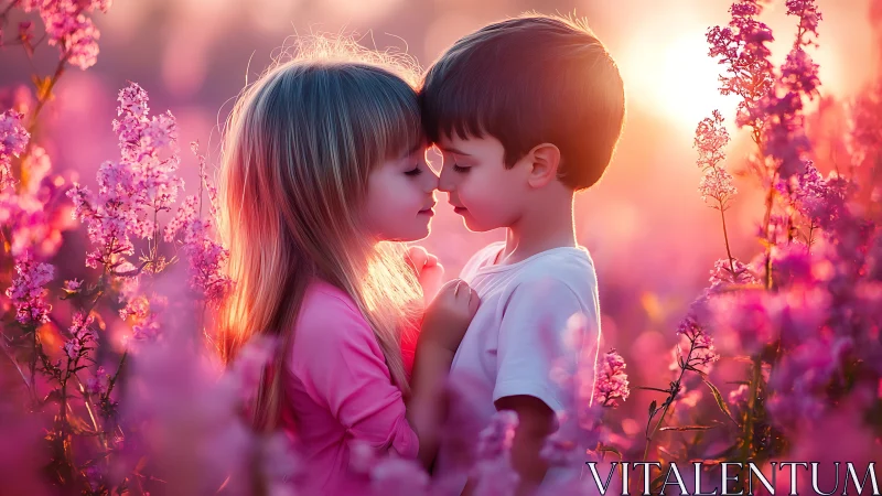 Children Embracing in Twilight Floral Field. Soft-focus romantic landscape.
