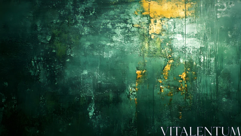 Abstract green textured painting with vibrant gold accents.