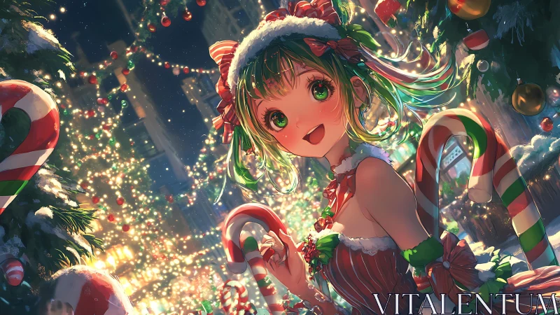 Vibrant anime girl in illuminated Christmas market with candy canes.