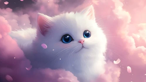 Dreamy White Kitten Among Soft Pink Clouds.