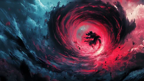Dark figure within swirling red and blue energy vortex.