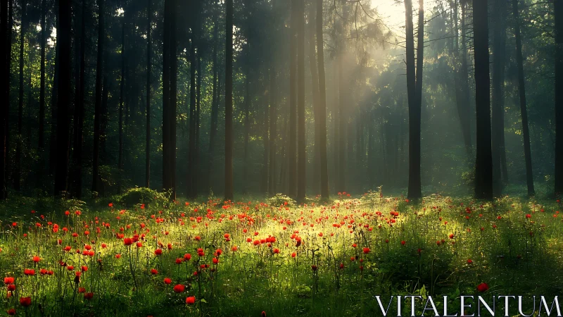 Forest clearing with red wildflowers under diffused morning light