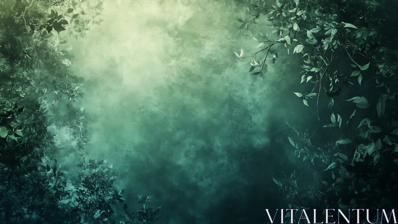 Atmospheric botanical vignette with radial mist gradient framing.