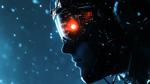Cybernetic profile portrait with glowing augmented visor.