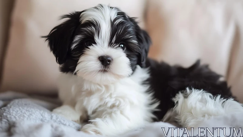 Soft-focus portrait isolates fluffy black and white puppy subject