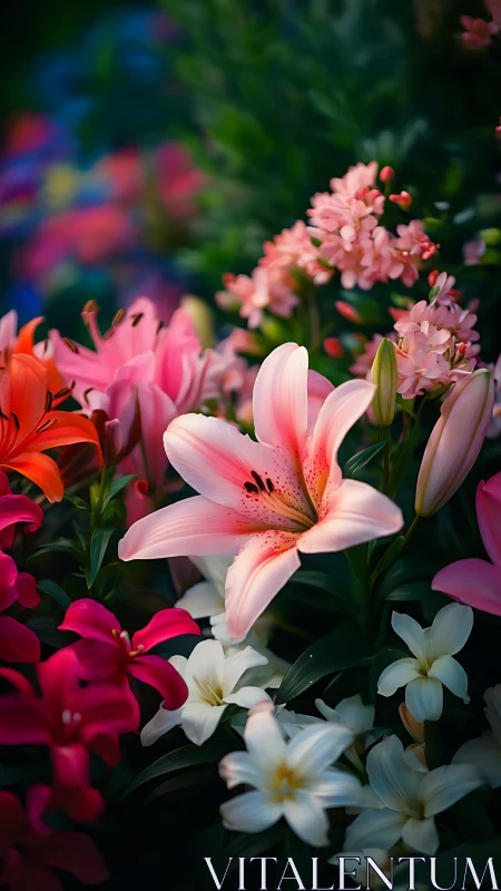 Pink lilies and coral flowers with selective focus in garden composition.