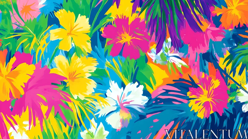 Chromatic tropical florals under high-saturation digital light.