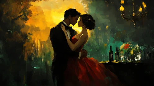 Formal couple in amber-lit interior with classical composition.