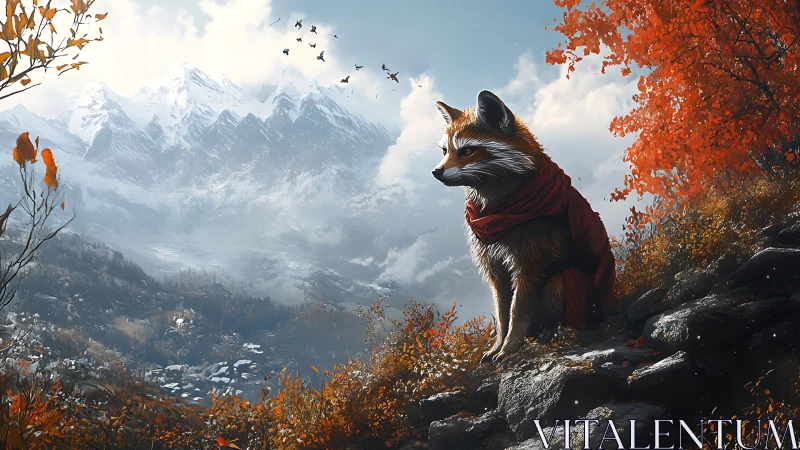 Scarlet-scarfed fox surveys frosted mountains at autumn edge