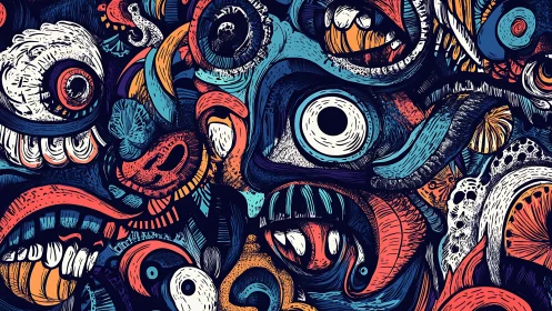 Surreal clustered monster faces rendered in dense graphic linework